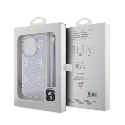 Apple iPhone 15 Pro Kılıf Guess Orjinal Lisanslı Desenli Yazı Logolu Askı İpli Holografik Glitter Peony Kapak Mor