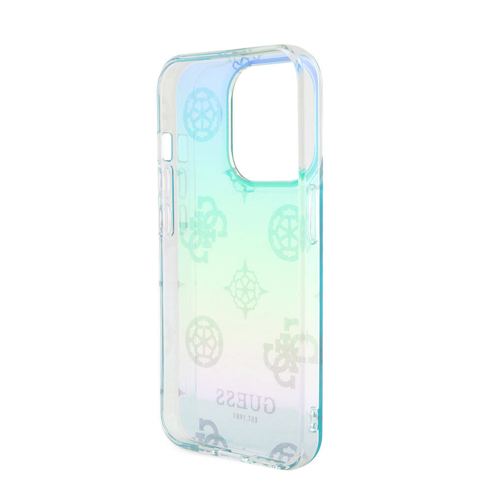 Apple iPhone 15 Pro Kılıf Guess Orjinal Lisanslı Desenli Yazı Logolu Askı İpli Holografik Glitter Peony Kapak Turkuaz