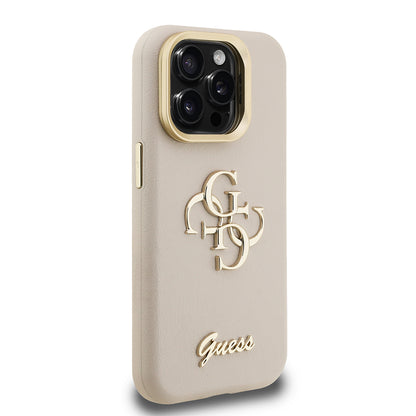 Apple iPhone 15 Pro Kılıf Guess Orjinal Lisanslı Grained Yazı Logolu Kamera Standlı Kapak Kahverengi