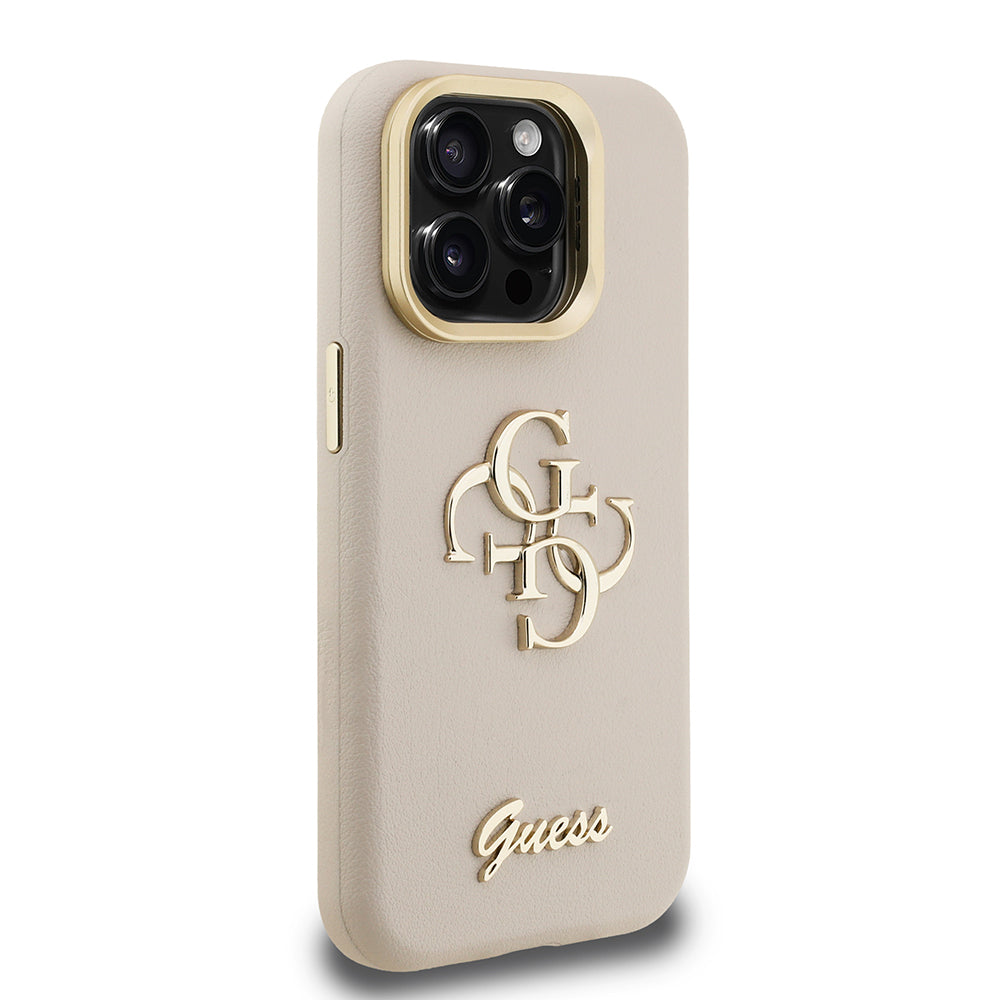 Apple iPhone 15 Pro Kılıf Guess Orjinal Lisanslı Grained Yazı Logolu Kamera Standlı Kapak Bej