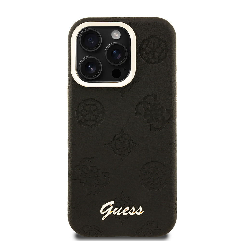 Apple iPhone 15 Pro Kılıf Guess Orjinal Lisanslı M-safe Şarj Özellikli Sıcak Baskılı Yazı Logolu Kamera Standlı PU Deri Peony Kapak Pembe