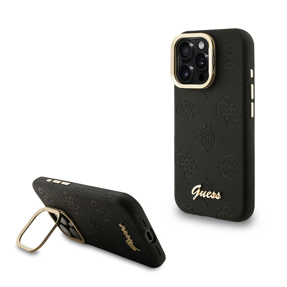 Apple iPhone 15 Pro Kılıf Guess Orjinal Lisanslı M-safe Şarj Özellikli Sıcak Baskılı Yazı Logolu Kamera Standlı PU Deri Peony Kapak Siyah