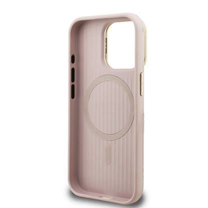 Apple iPhone 15 Pro Kılıf Guess Orjinal Lisanslı M-safe Şarj Özellikli Sıcak Baskılı Yazı Logolu Kamera Standlı PU Deri Peony Kapak Pembe