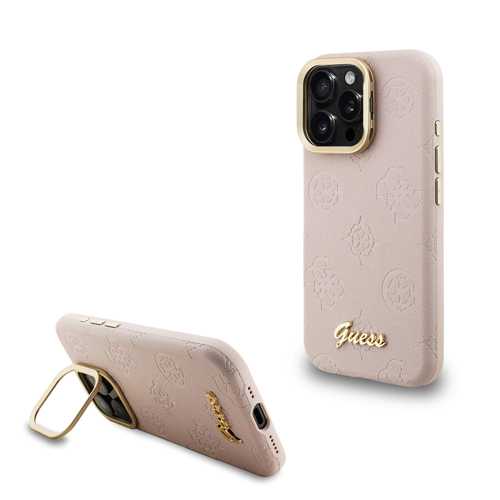 Apple iPhone 15 Pro Kılıf Guess Orjinal Lisanslı M-safe Şarj Özellikli Sıcak Baskılı Yazı Logolu Kamera Standlı PU Deri Peony Kapak Pembe