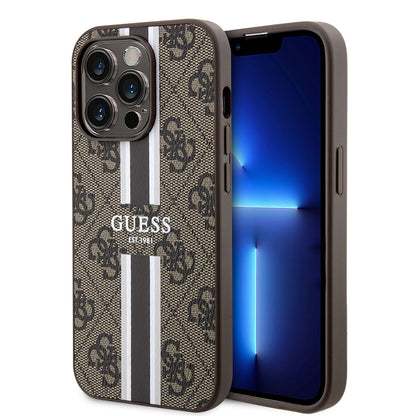 Apple iPhone 15 Pro Kılıf Guess Orjinal Lisanslı M-safe Şarj Özellikli 4G Şerit Tasarımlı Printed Kapak Pembe