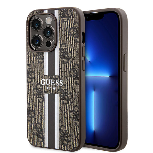 Apple iPhone 15 Pro Kılıf Guess Orjinal Lisanslı M-safe Şarj Özellikli 4G Şerit Tasarımlı Printed Kapak Kahverengi