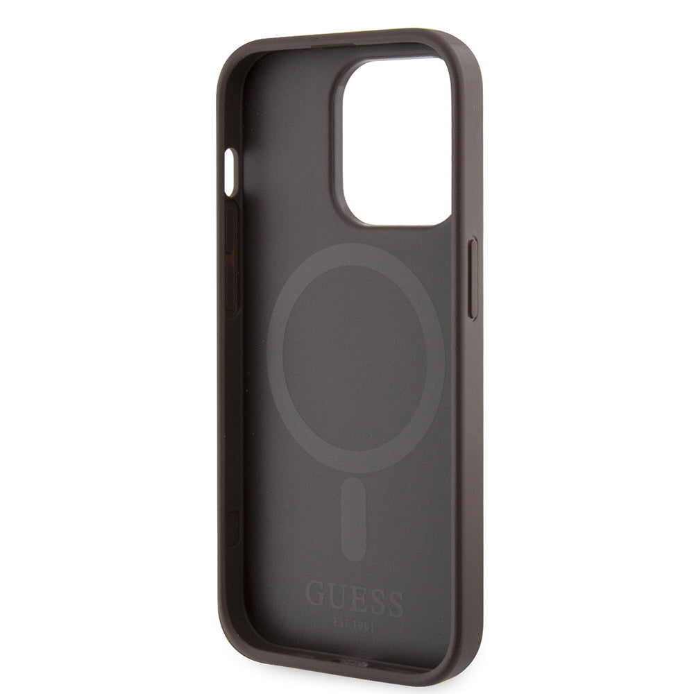 Apple iPhone 15 Pro Kılıf Guess Orjinal Lisanslı M-safe Şarj Özellikli 4G Şerit Tasarımlı Printed Kapak Siyah