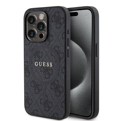Apple iPhone 15 Pro Kılıf Guess Orjinal Lisanslı M-safe Şarj Özellikli PU Halkalı 4G Desenli Yazı Logolu Kapak Pembe