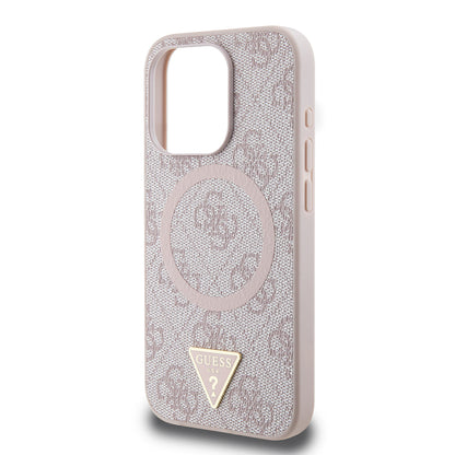 Apple iPhone 15 Pro Kılıf Guess Orjinal Lisanslı M-safe Şarj Özellikli PU Üçgen Logo 4G Desenli Kapak Siyah