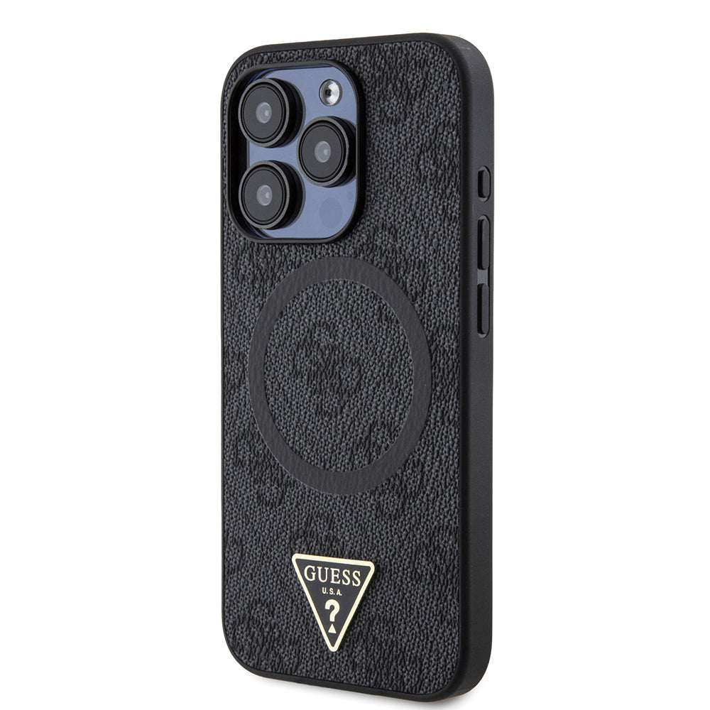 Apple iPhone 15 Pro Kılıf Guess Orjinal Lisanslı M-safe Şarj Özellikli PU Üçgen Logo 4G Desenli Kapak Siyah