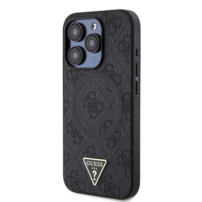Apple iPhone 15 Pro Kılıf Guess Orjinal Lisanslı M-safe Şarj Özellikli PU Üçgen Logo 4G Desenli Kapak Siyah
