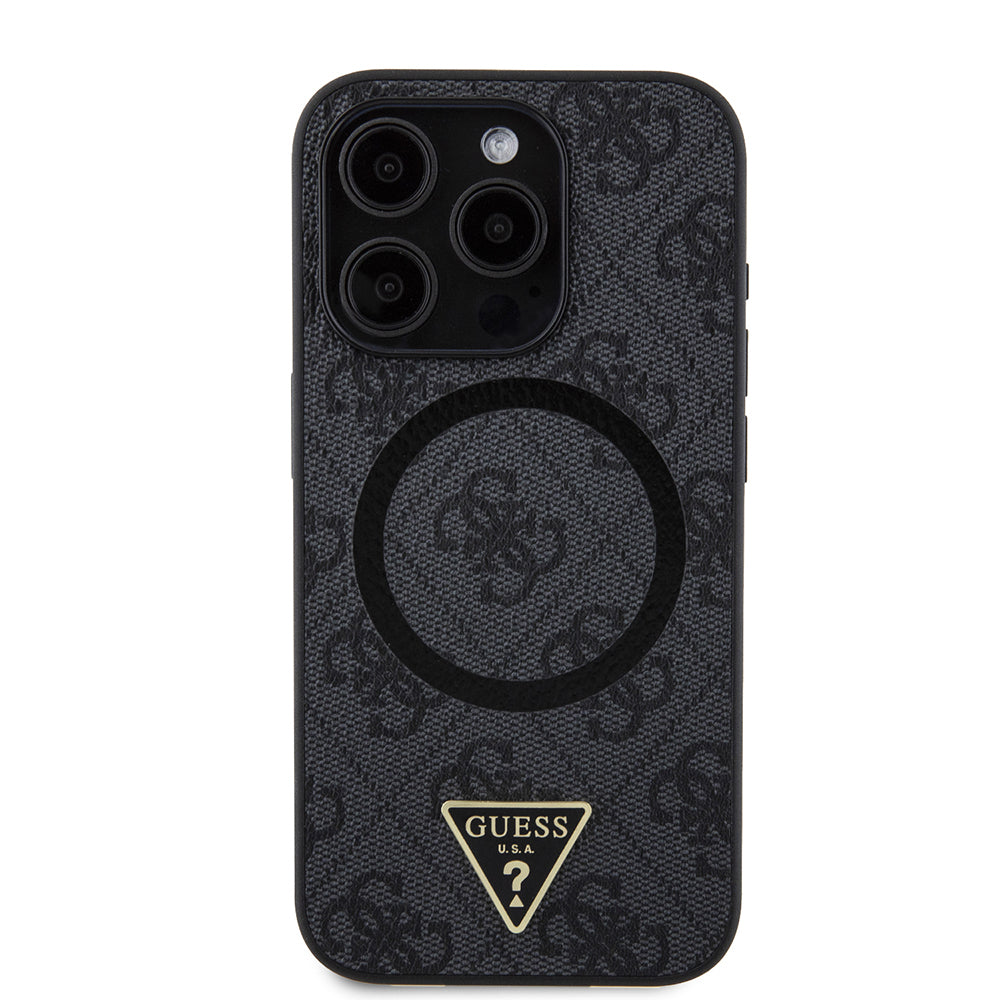 Apple iPhone 15 Pro Kılıf Guess Orjinal Lisanslı M-safe Şarj Özellikli PU Üçgen Logo 4G Desenli Kapak Pembe