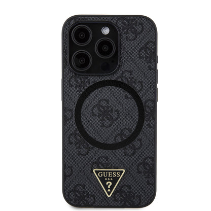 Apple iPhone 15 Pro Kılıf Guess Orjinal Lisanslı M-safe Şarj Özellikli PU Üçgen Logo 4G Desenli Kapak Pembe