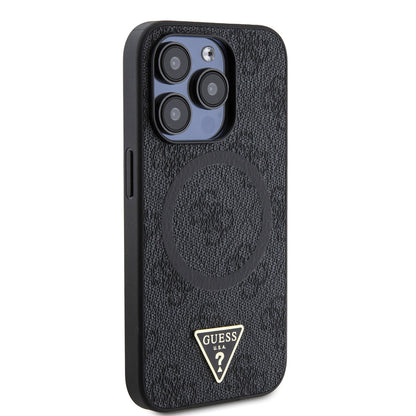 Apple iPhone 15 Pro Kılıf Guess Orjinal Lisanslı M-safe Şarj Özellikli PU Üçgen Logo 4G Desenli Kapak Siyah