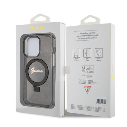 Apple iPhone 15 Pro Kılıf Guess Orjinal Lisanslı M-safe Şarj Özellikli Simli Arka Yüzey Ring Standlı Kapak Siyah