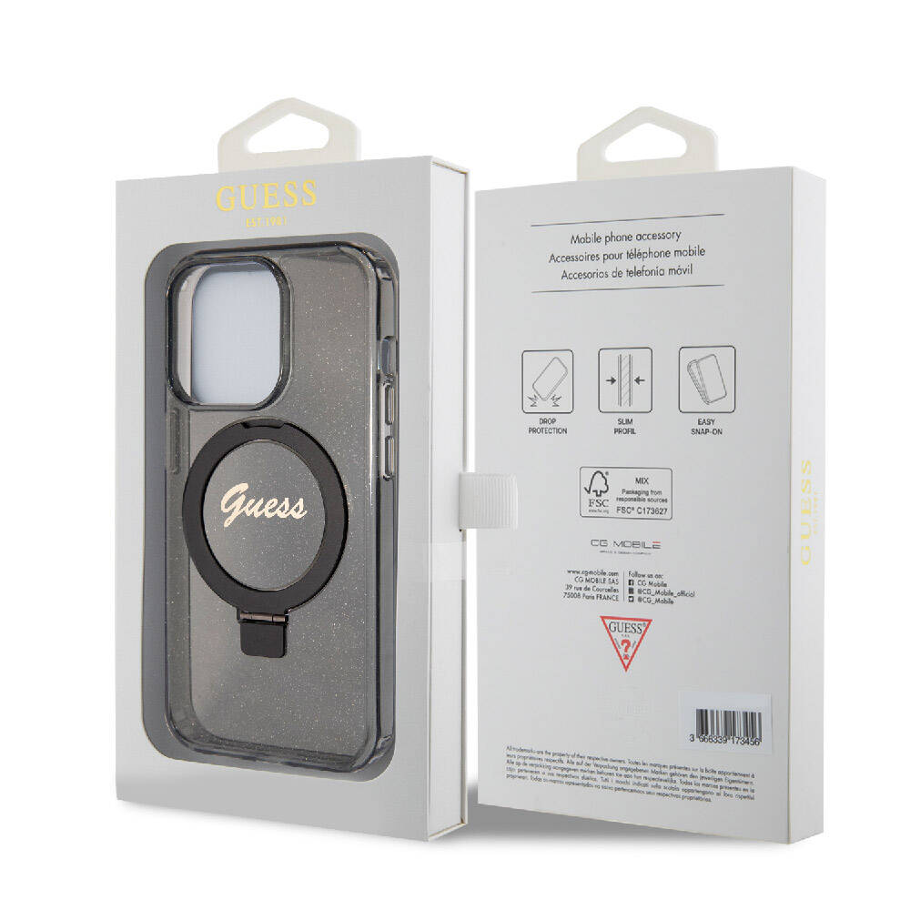 Apple iPhone 15 Pro Kılıf Guess Orjinal Lisanslı M-safe Şarj Özellikli Simli Arka Yüzey Ring Standlı Kapak Mor