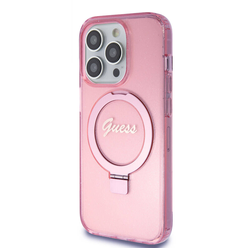 Apple iPhone 15 Pro Kılıf Guess Orjinal Lisanslı M-safe Şarj Özellikli Simli Arka Yüzey Ring Standlı Kapak Pembe