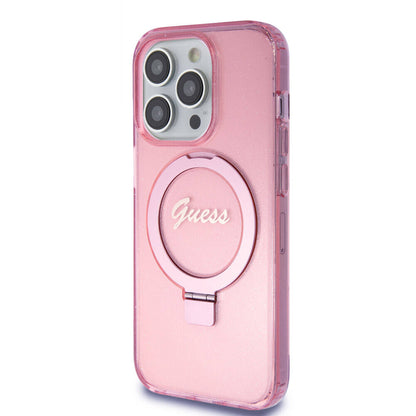 Apple iPhone 15 Pro Kılıf Guess Orjinal Lisanslı M-safe Şarj Özellikli Simli Arka Yüzey Ring Standlı Kapak Pembe