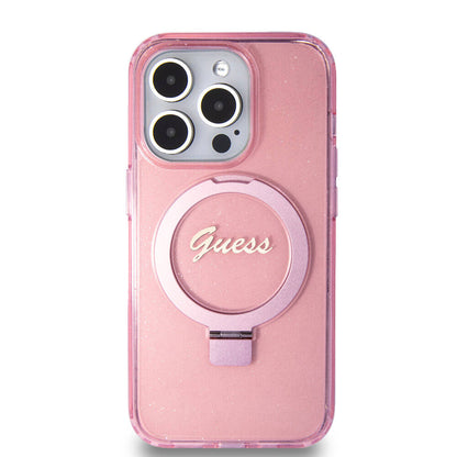 Apple iPhone 15 Pro Kılıf Guess Orjinal Lisanslı M-safe Şarj Özellikli Simli Arka Yüzey Ring Standlı Kapak Siyah