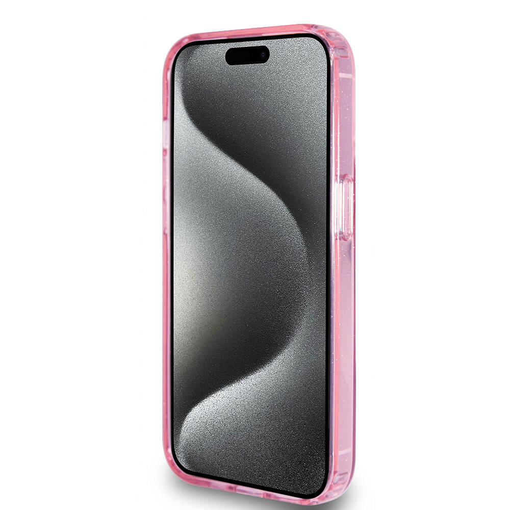 Apple iPhone 15 Pro Kılıf Guess Orjinal Lisanslı M-safe Şarj Özellikli Simli Arka Yüzey Ring Standlı Kapak Pembe