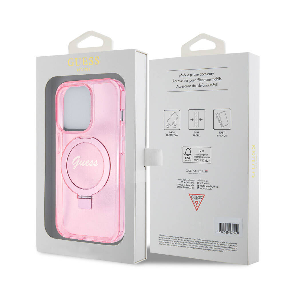 Apple iPhone 15 Pro Kılıf Guess Orjinal Lisanslı M-safe Şarj Özellikli Simli Arka Yüzey Ring Standlı Kapak Siyah