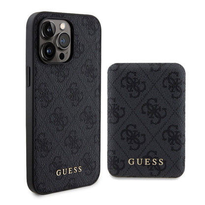 Apple iPhone 15 Pro Kılıf Guess Orjinal Lisanslı M-safe Şarj Özellikli Yazı Logolu 4G Desenli Kapak + Powerbank 5000mAh 2in1 Set Siyah