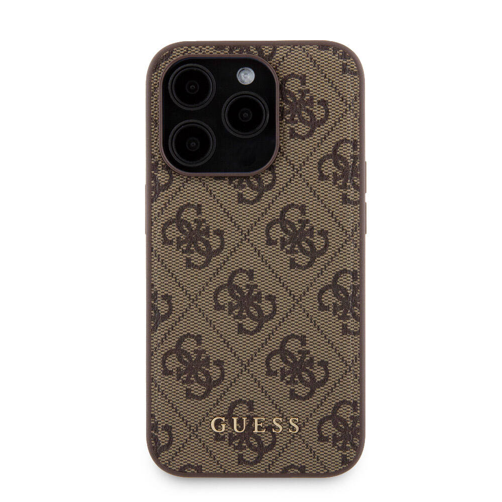 Apple iPhone 15 Pro Kılıf Guess Orjinal Lisanslı M-safe Şarj Özellikli Yazı Logolu 4G Desenli Kapak + Powerbank 5000mAh 2in1 Set Kahverengi