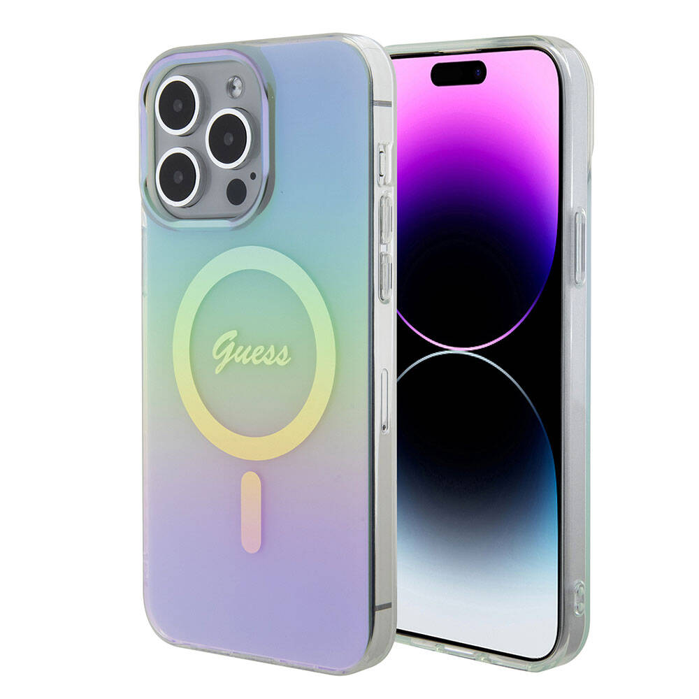 Apple iPhone 15 Pro Kılıf Guess Orjinal Lisanslı M-safe Şarj Özellikli Yazı Logolu Iridescent Kapak Siyah