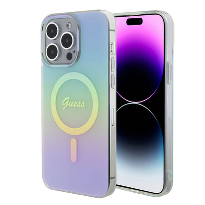 Apple iPhone 15 Pro Kılıf Guess Orjinal Lisanslı M-safe Şarj Özellikli Yazı Logolu Iridescent Kapak Mor