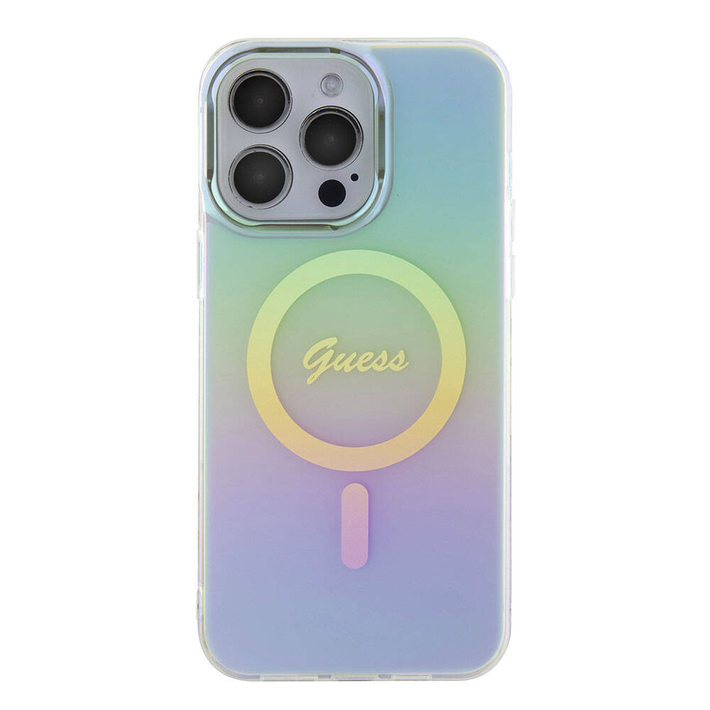 Apple iPhone 15 Pro Kılıf Guess Orjinal Lisanslı M-safe Şarj Özellikli Yazı Logolu Iridescent Kapak Siyah
