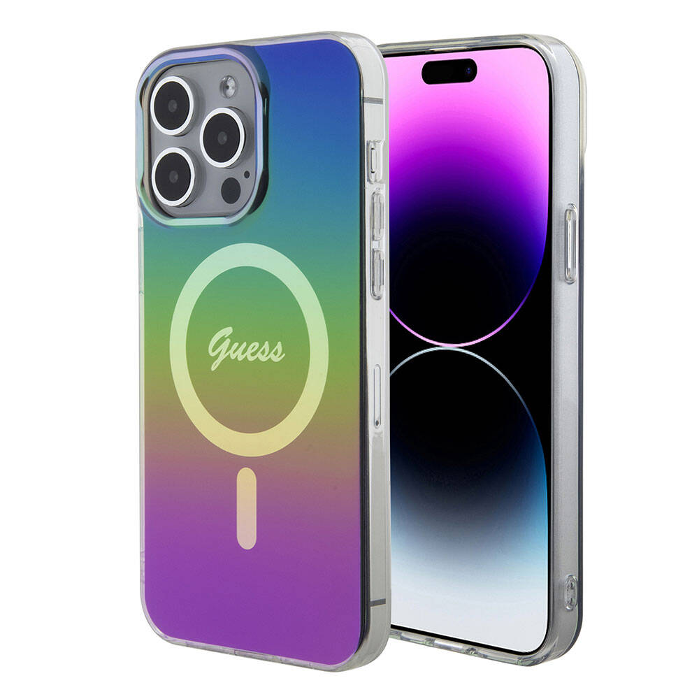 Apple iPhone 15 Pro Kılıf Guess Orjinal Lisanslı M-safe Şarj Özellikli Yazı Logolu Iridescent Kapak Siyah