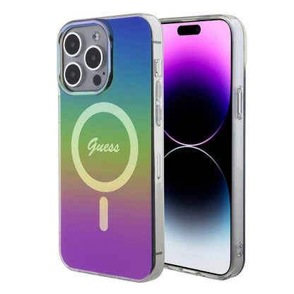 Apple iPhone 15 Pro Kılıf Guess Orjinal Lisanslı M-safe Şarj Özellikli Yazı Logolu Iridescent Kapak Turkuaz