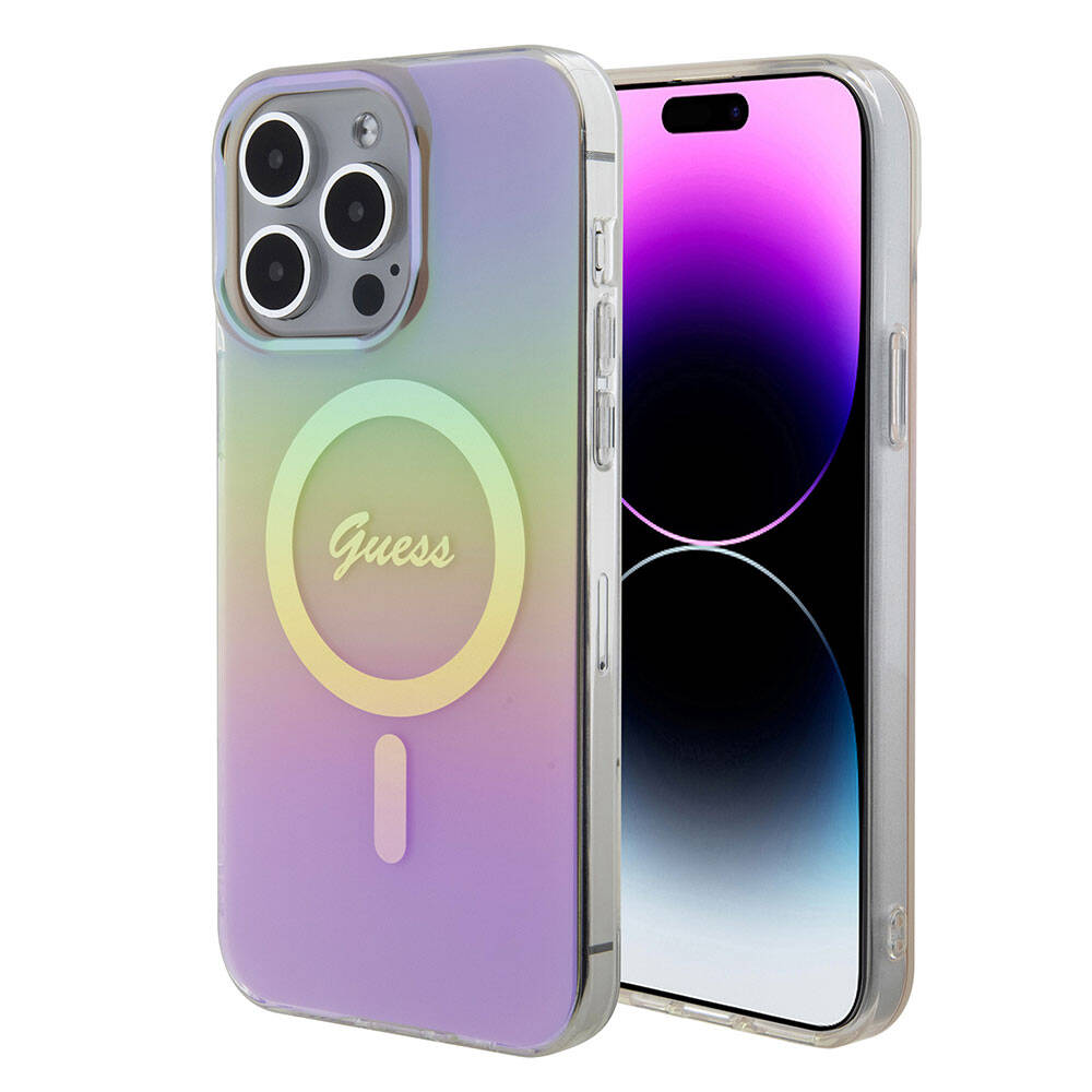 Apple iPhone 15 Pro Kılıf Guess Orjinal Lisanslı M-safe Şarj Özellikli Yazı Logolu Iridescent Kapak Pembe