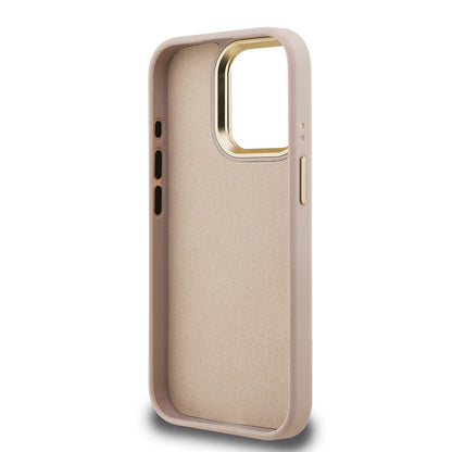 Apple iPhone 15 Pro Kılıf Guess Orjinal Lisanslı PU Deri 4G Desenli Metal Büyük 4G ve Yazı Logolu Kamera Standlı Kapak Pembe