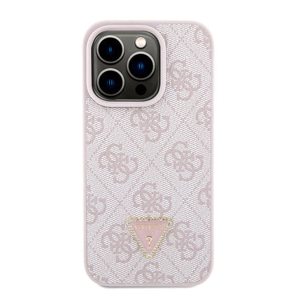 Apple iPhone 15 Pro Kılıf Guess Orjinal Lisanslı PU Deri Askılı Taşlı Üçgen Logo 4G Desenli Strass Crossbody Kapak Pembe