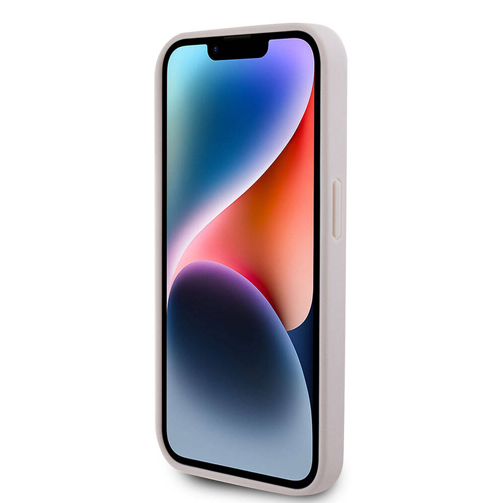 Apple iPhone 15 Pro Kılıf Guess Orjinal Lisanslı PU Deri Askılı Taşlı Üçgen Logo 4G Desenli Strass Crossbody Kapak Pembe