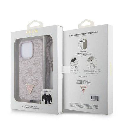 Apple iPhone 15 Pro Kılıf Guess Orjinal Lisanslı PU Deri Askılı Taşlı Üçgen Logo 4G Desenli Strass Crossbody Kapak Pembe