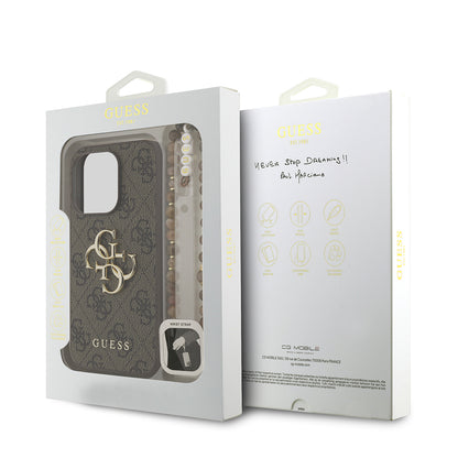 Apple iPhone 15 Pro Kılıf Guess Orjinal Lisanslı PU Deri Bilek Askı İpli Metal Büyük 4G ve Yazı Logolu Kapak Pembe