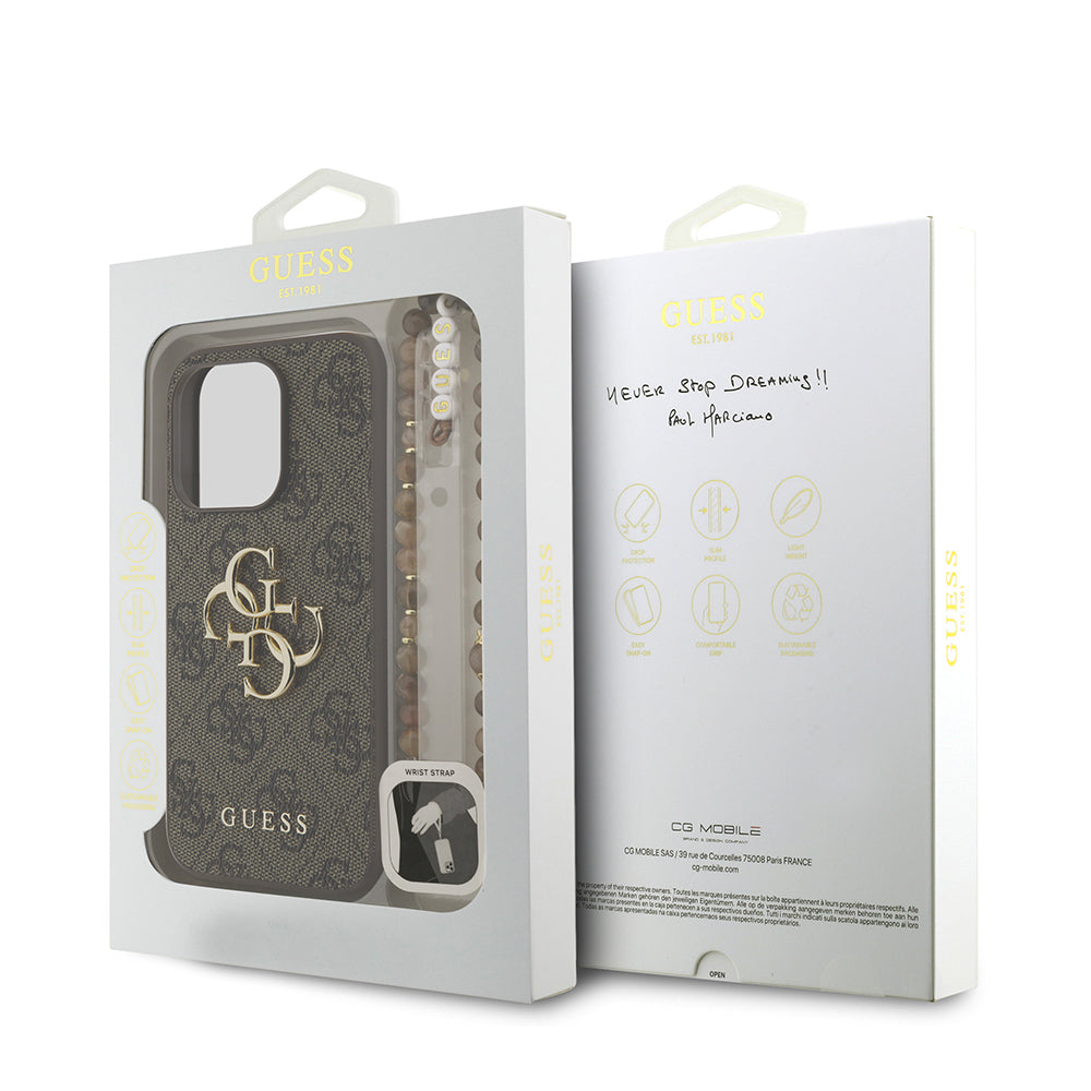 Apple iPhone 15 Pro Kılıf Guess Orjinal Lisanslı PU Deri Bilek Askı İpli Metal Büyük 4G ve Yazı Logolu Kapak Kahverengi