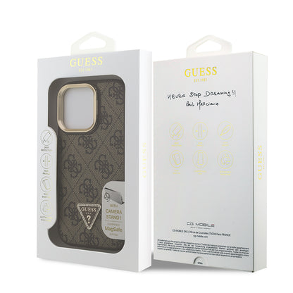 Apple iPhone 15 Pro Kılıf Guess Orjinal Lisanslı PU Deri Taşlı Üçgen Logo 4G Desenli Kamera Standlı Kapak Pembe