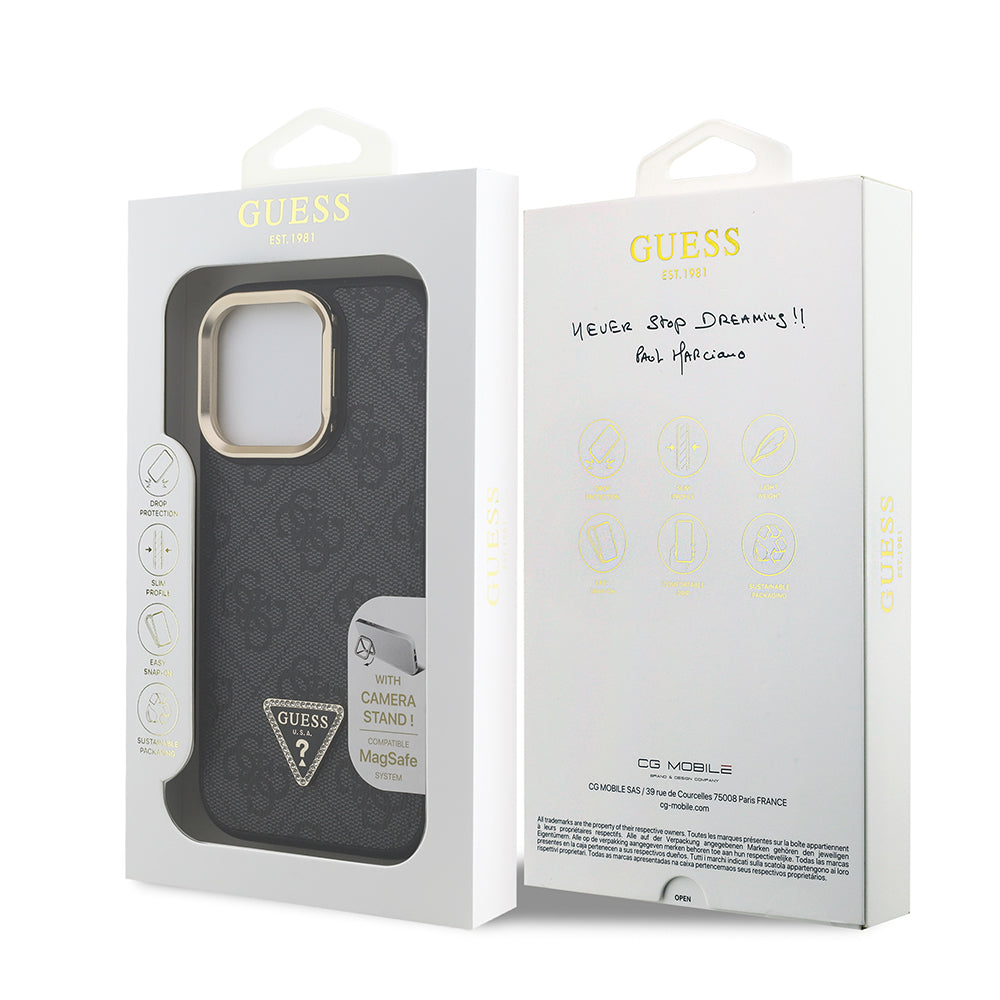 Apple iPhone 15 Pro Kılıf Guess Orjinal Lisanslı PU Deri Taşlı Üçgen Logo 4G Desenli Kamera Standlı Kapak Siyah