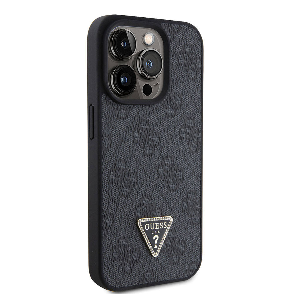 Apple iPhone 15 Pro Kılıf Guess Orjinal Lisanslı PU Deri Taşlı Üçgen Logo 4G Desenli Strass Kapak
