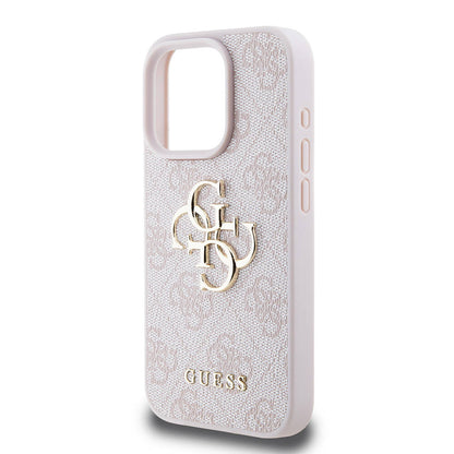 Apple iPhone 15 Pro Kılıf Guess Orjinal Lisanslı PU Deri Yazı ve 4G Metal Logolu Desenli Kapak Pembe