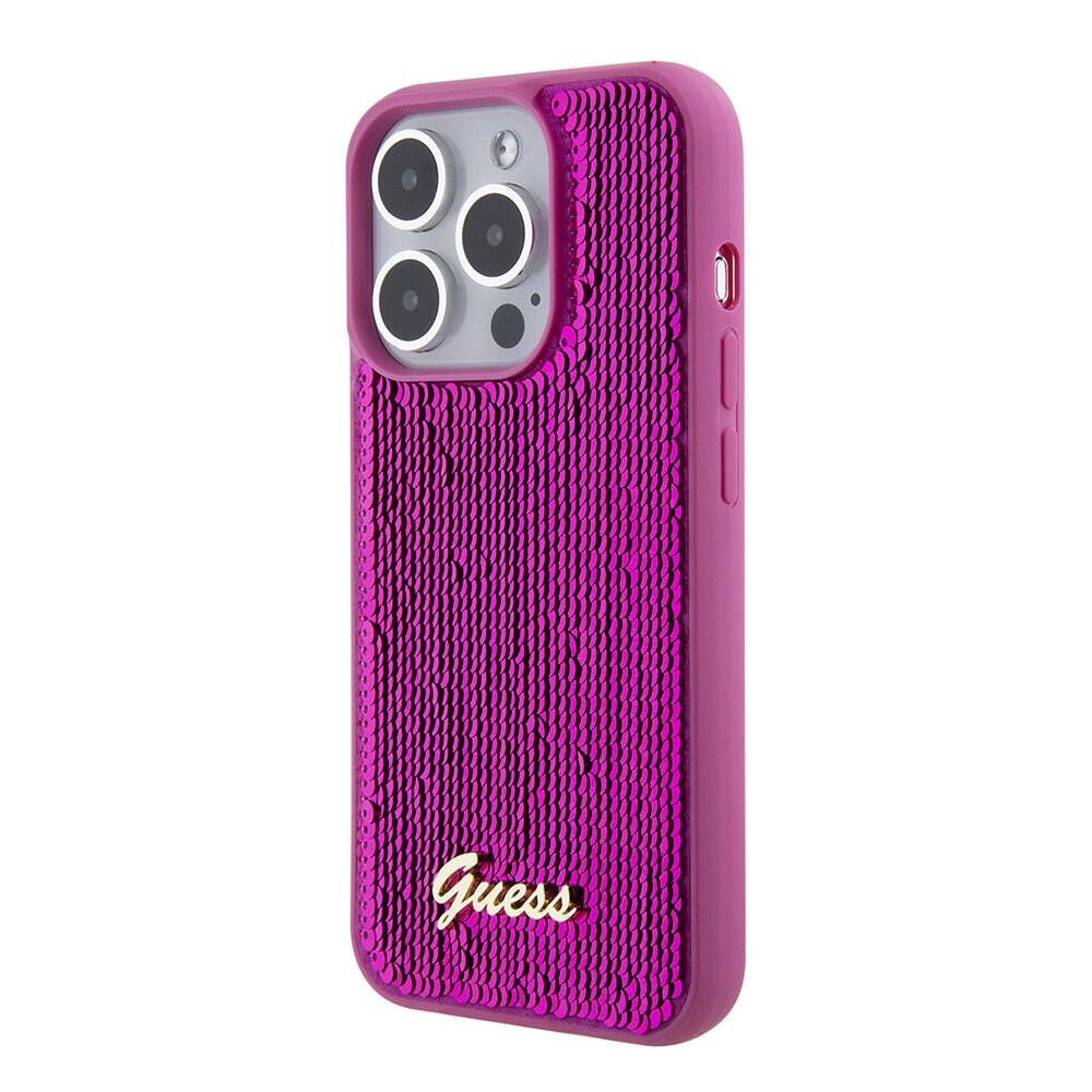 Apple iPhone 15 Pro Kılıf Guess Orjinal Lisanslı Pullu Arka Yüzey Metal Yazı Logolu Sequin Script Kapak Pembe