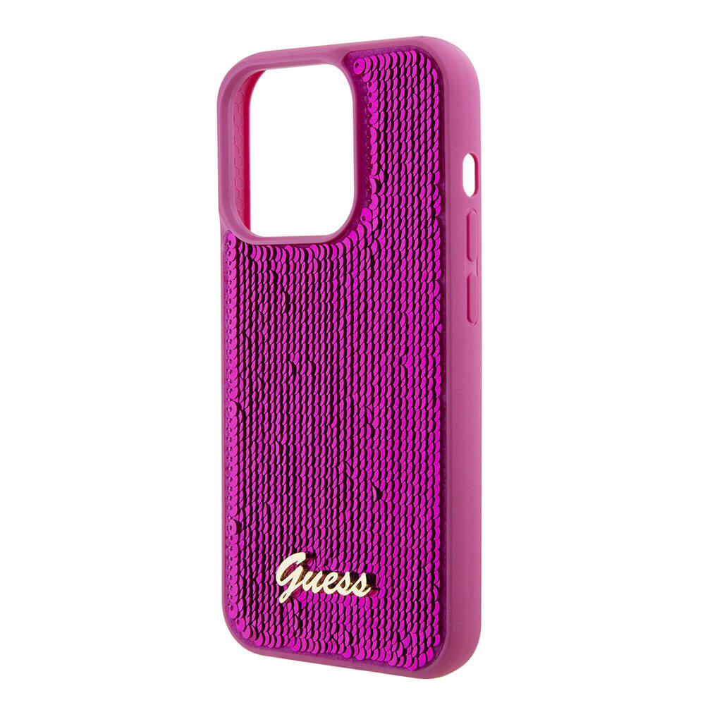 Apple iPhone 15 Pro Kılıf Guess Orjinal Lisanslı Pullu Arka Yüzey Metal Yazı Logolu Sequin Script Kapak Pembe