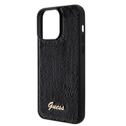 Apple iPhone 15 Pro Kılıf Guess Orjinal Lisanslı Pullu Arka Yüzey Metal Yazı Logolu Sequin Script Kapak Pembe