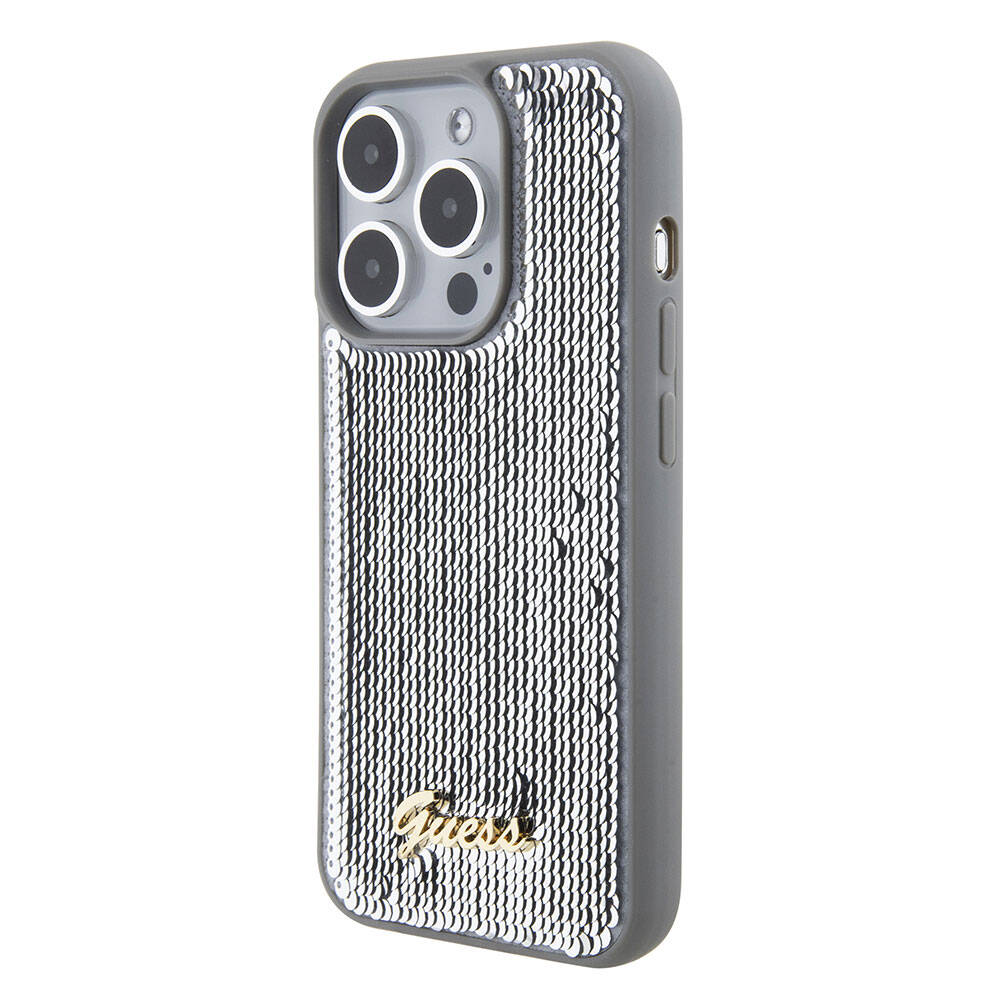 Apple iPhone 15 Pro Kılıf Guess Orjinal Lisanslı Pullu Arka Yüzey Metal Yazı Logolu Sequin Script Kapak Pembe
