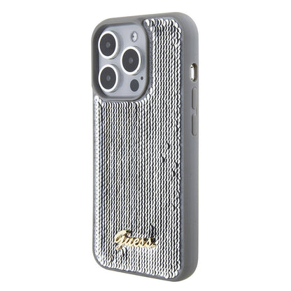 Apple iPhone 15 Pro Kılıf Guess Orjinal Lisanslı Pullu Arka Yüzey Metal Yazı Logolu Sequin Script Kapak Pembe