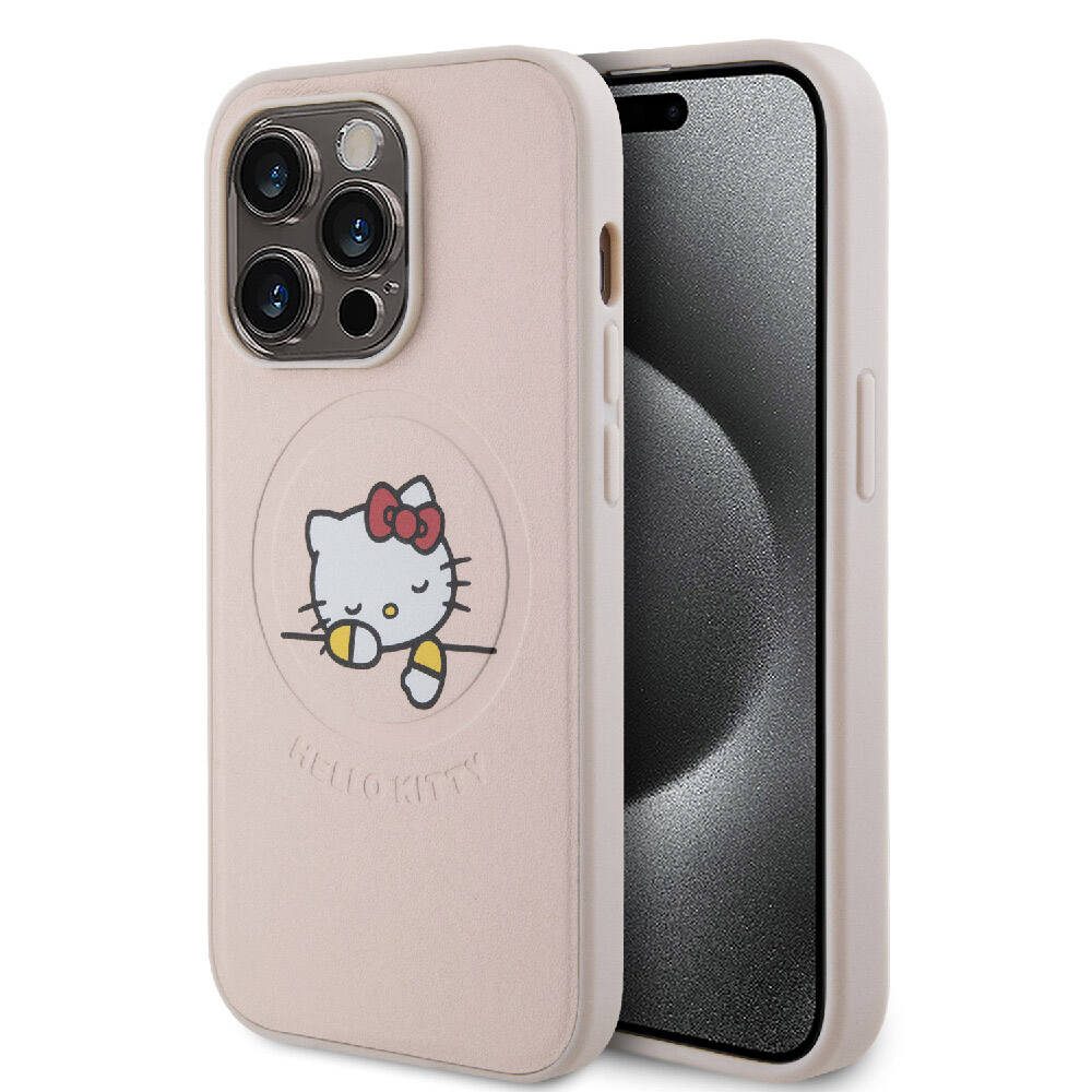 Apple iPhone 15 Pro Kılıf Hello Kitty Orjinal Lisanslı M-safe Şarj Özellikli Baskı Logolu Uyuyan Kitty Deri Kapak Pembe