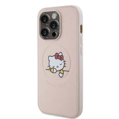 Apple iPhone 15 Pro Kılıf Hello Kitty Orjinal Lisanslı M-safe Şarj Özellikli Baskı Logolu Uyuyan Kitty Deri Kapak Pembe